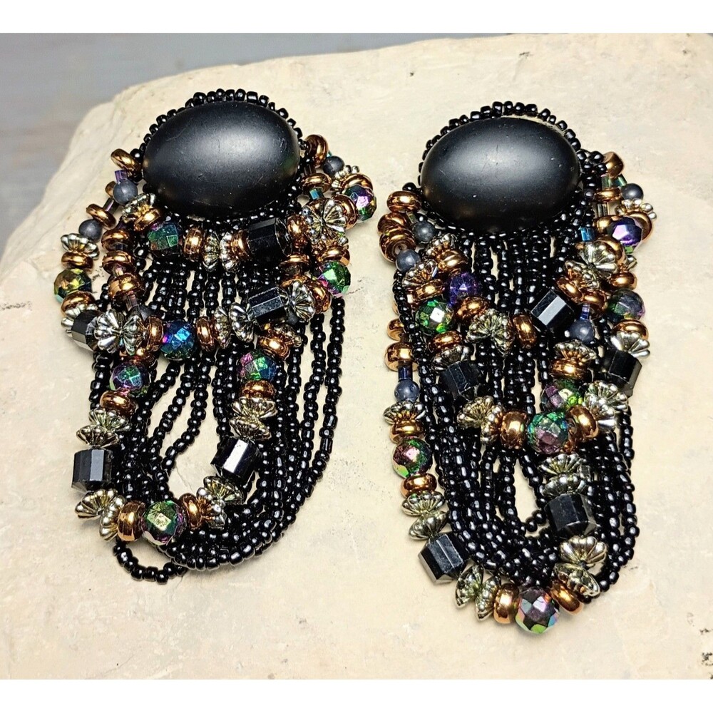 Vintage Chipita Earrings Handmade Glass Seed Beaded Aurora Borealis Pierced